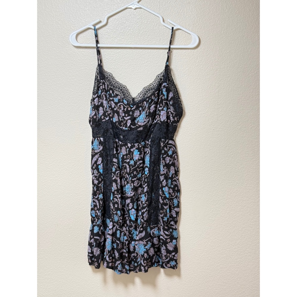 Intimately Free People Floral Lace Trim Slip Dress Black Blue Boho Mini Large